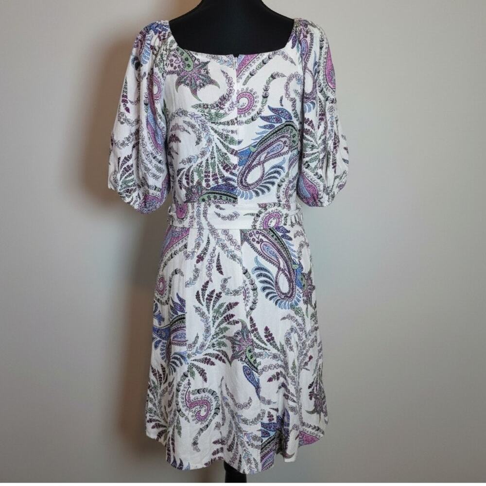 LOFT Women's Size 10 Purple White Paisley Linen Blend Beted Puff Sleeve Dreess - Picture 4 of 8